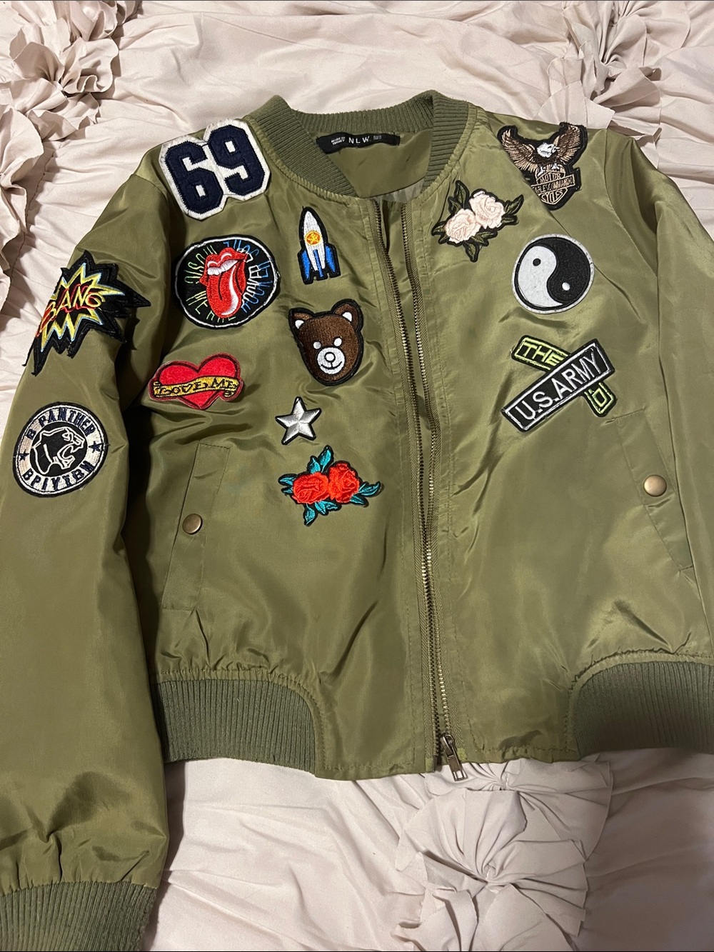 Olive Green Patchwork Bomber Jacket with Embroidered Patches